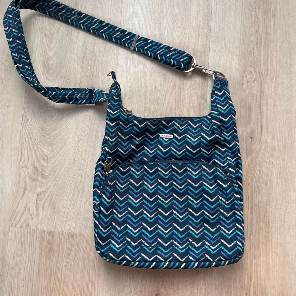 Travelon Blue and White Chevron Shoulder Bag